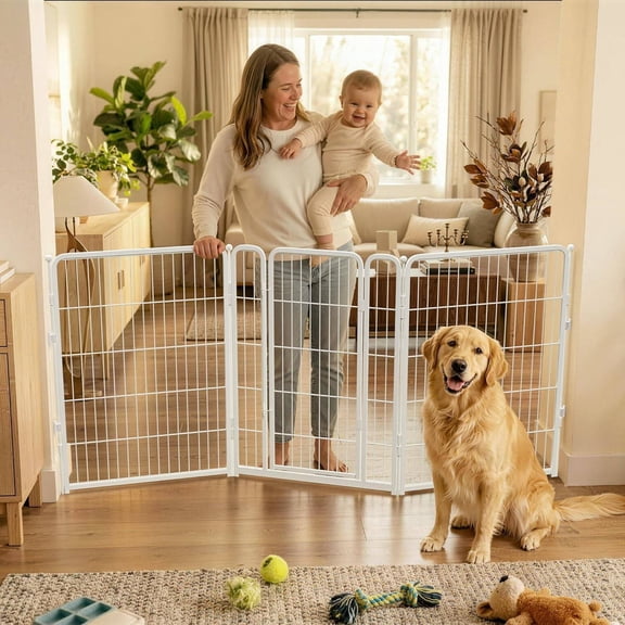 Extra Wide Indoor Dog Gate, Adjustable Up to 83-inch Wide, 40-inch Height, 3 Wire Panels for Medium and Large Dogs, White