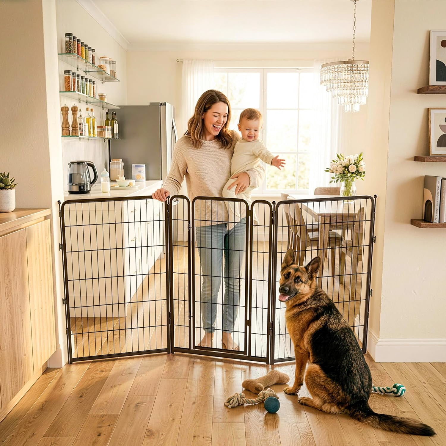 Extra Wide Indoor Dog Gate, Adjustable Width Up to 183 Inches, 24-Inch Height with 8 Wire Panels for Puppies and Small Dogs, Black