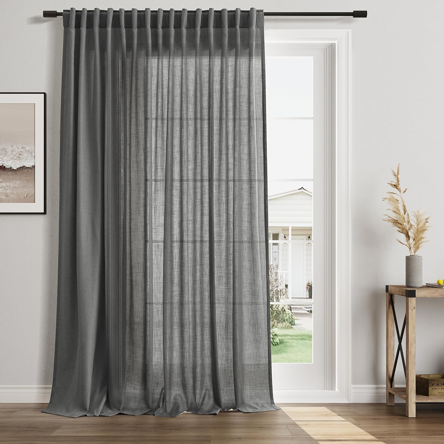Extra Wide Linen Curtain Dark Grey, 100 Inch Wide, Semi-Sheer Light