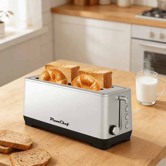 Extra Wide Long Slot Toaster, 4-Slice Toaster, 6 Browning Settings, Bagel/Defrost/Reheat Functions, Chrome-Plated Knob, 1500W, Removable Crumb Tray, Intelligent Baking, Stainless Steel Housing