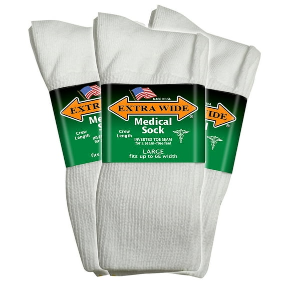 Extra Wide Medical Crew (Mid-Calf) Socks (3 Pairs) for Men and Women, Made in USA, Pick your size, Do not size up.