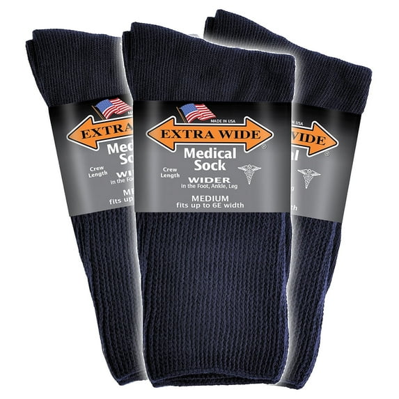 Extra Wide Medical Crew (Mid-Calf) Socks (3 Pairs) for Men and Women, Made in USA, Pick your size, Do not size up.