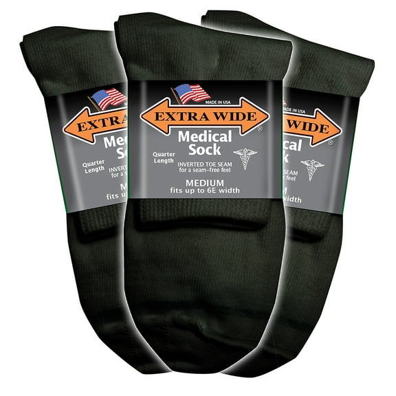 Extra Wide Medical Quarter (Diabetic) Socks (3 Pairs) for Men and Women, Made in USA, Pick your size, Do not size up.