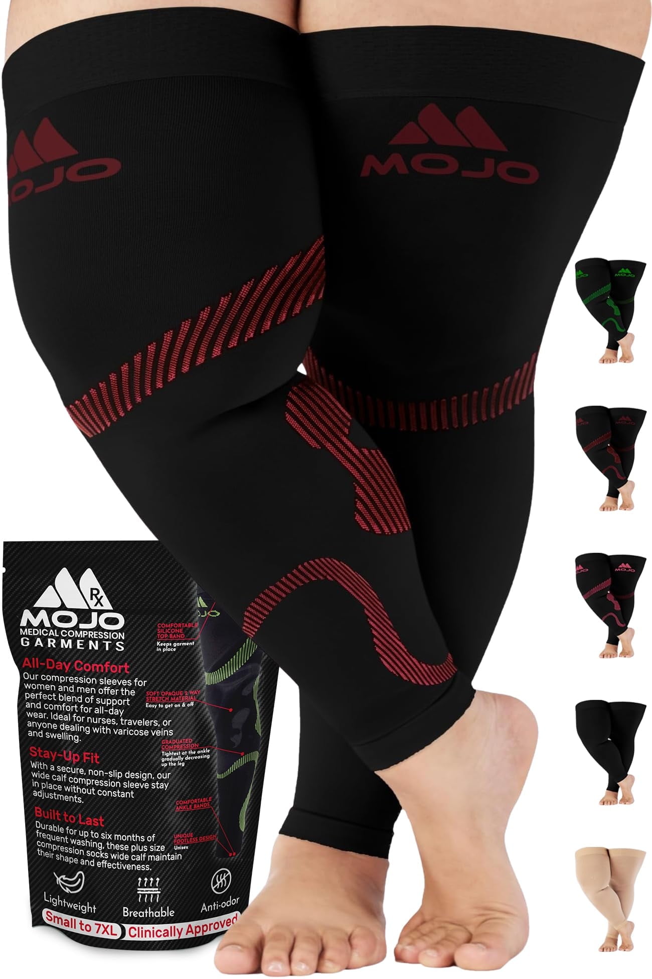 Extra Wide Men & Womens Footless Compression Stockings 20-30mmHg - Black/Red,XXL