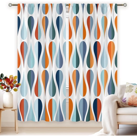 Extra Wide Modern Mid Century Curtains 52Wx84H Inch Rod Pocket Colorful Orange Blue Abstract Geometric Drop Shape Art Printed Simple Living Room Bedroom Window Drapes Treatment 2 Panels