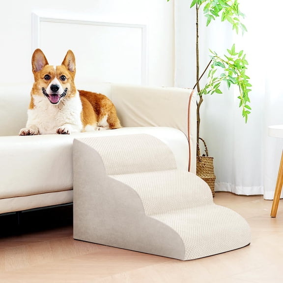 Extra Wide Non-Slip 3-Step Pet Ramp & Stairs - High-Density Foam for Small Dogs/Cats, Injured/Older Pets (High Beds/Couches)