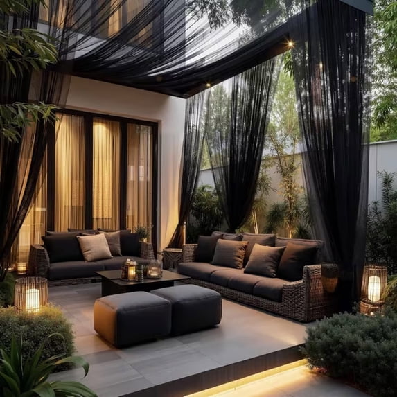 Extra Wide Outdoor Curtains Waterproof Black Voile Mesh Screen Lightweight Privacy Bug Netting for Patio Porch Balcony Pergola Terrace, W236 x L118 inch per Panel
