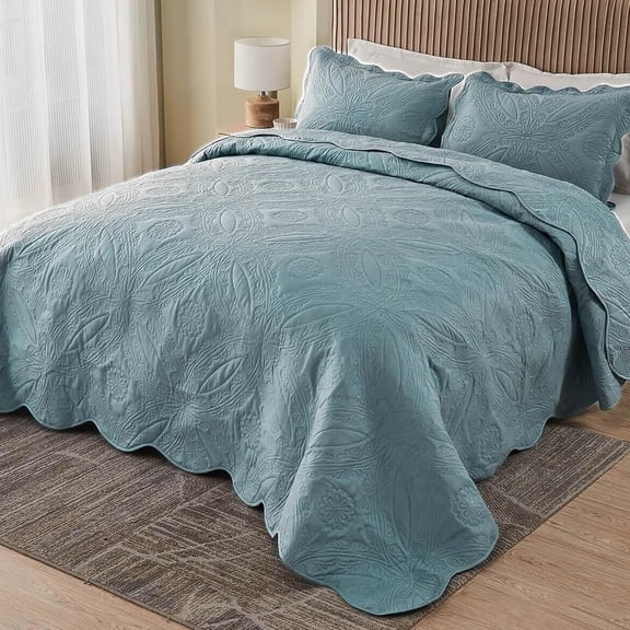 Extra Wide Oversized King Bedspread 128x120 for Tall King Cal King Bed Ultrasonic Quilted 3-Piece Coverlet Set Blue