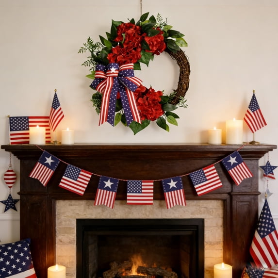Extra Wide Patriotic Front Door Wreath With Lush Faux Greenery, Red White Blue Floral Accents And Decorative Bow, Indoor Outdoor Fourth Of July, Veterans Day Or Memorial Day Decor For Porch, Wall