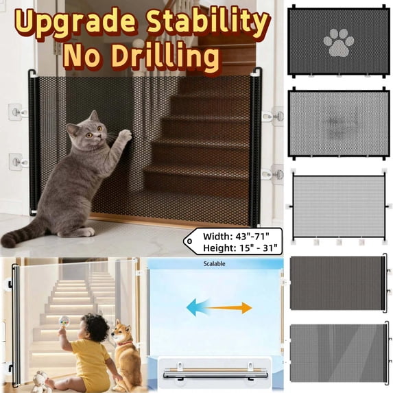 Extra Wide Pet Gate for Dogs and Cats, Mesh Safety Fence No Screw Required, Portable Indoor Dog Barrier with 4 Hooks for Doorway and Hallway, 43.3"x30.7", AKLJWH