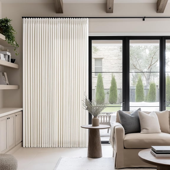 Extra Wide Pinch Pleat Curtains 108 Inches Long 70 Inch Wide Cream | Patio Sliding Glass Door, Linen, 70 Inch Width, Memory Trained, Pleated Drapes, Hooks Rings, 70x108 Large Ceiling , 1 Panel