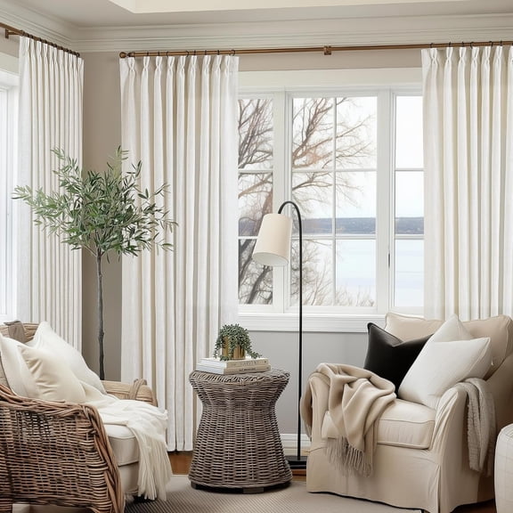 Extra Wide Pinch Pleated Curtains 60 Inch Width x 90 Inch Length Thick Linen Light Filtering Privacy Curtain for Living Room or Bedroom Cream 1 Panel