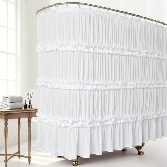 Extra Wide Shower Curtain 108" W x 72" L, Vintage Handcrafted Bow Tie Bath Curtain for Bathroom and Clawfoot Tub, Victorian Ruffle Bathroom Curtain with 18 Buttonholes, White (LQ-10)