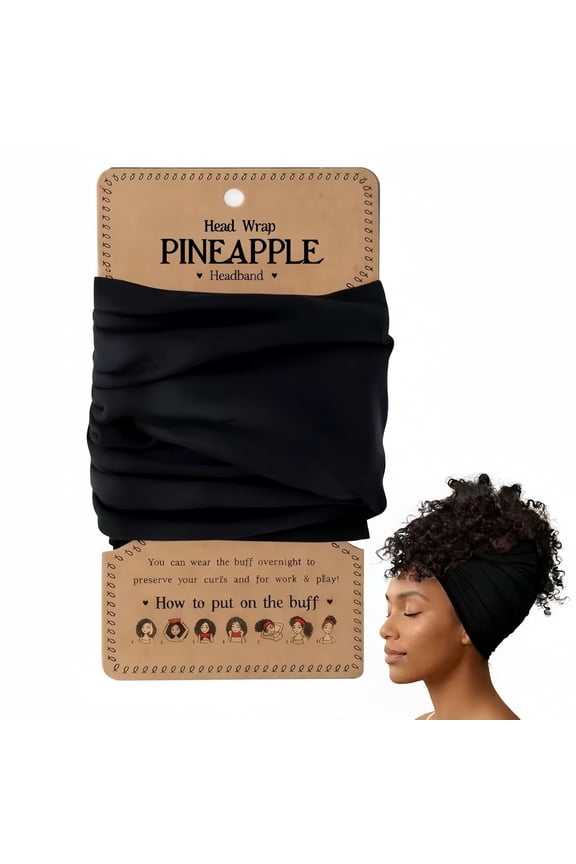 Extra Wide Sleep Head Wrap for Curly & Coily Hair – Stretch Pineapple Method Night Headband for Women, Frizz Control Scarf for Thick Natural Hair, Black 19.7” x 9” Soft Polyester Spandex Hair Wrap