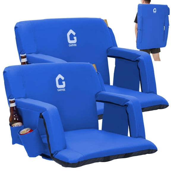 Extra Wide Stadium Seat with 6-Position Recline & Back Support – Padded Cushion, Armrests, Anti-Slip Mat, Large Pockets, Dual Cup Holders – Ideal for Outdoor Sports & Concerts – Blue, 20"