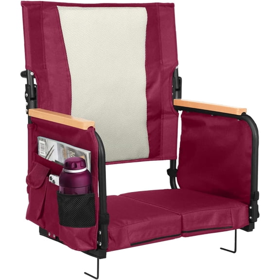 Extra Wide Stadium Seats with Back Support, Bleacher Chairs with High Back and Cushion, Padded Portable Fording Bleacher Seat with Armrests, Cup Holder and Storage Pockets (Wind Red)
