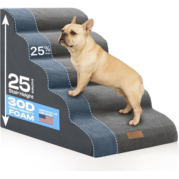 Extra Wide Stairs for Large Dogs Up to 80lbs, 25" Pet Steps for High Bed with Washable Cover, 5-Step Bed & Couch Ladder for Small Medium Dogs & Senior , Gray