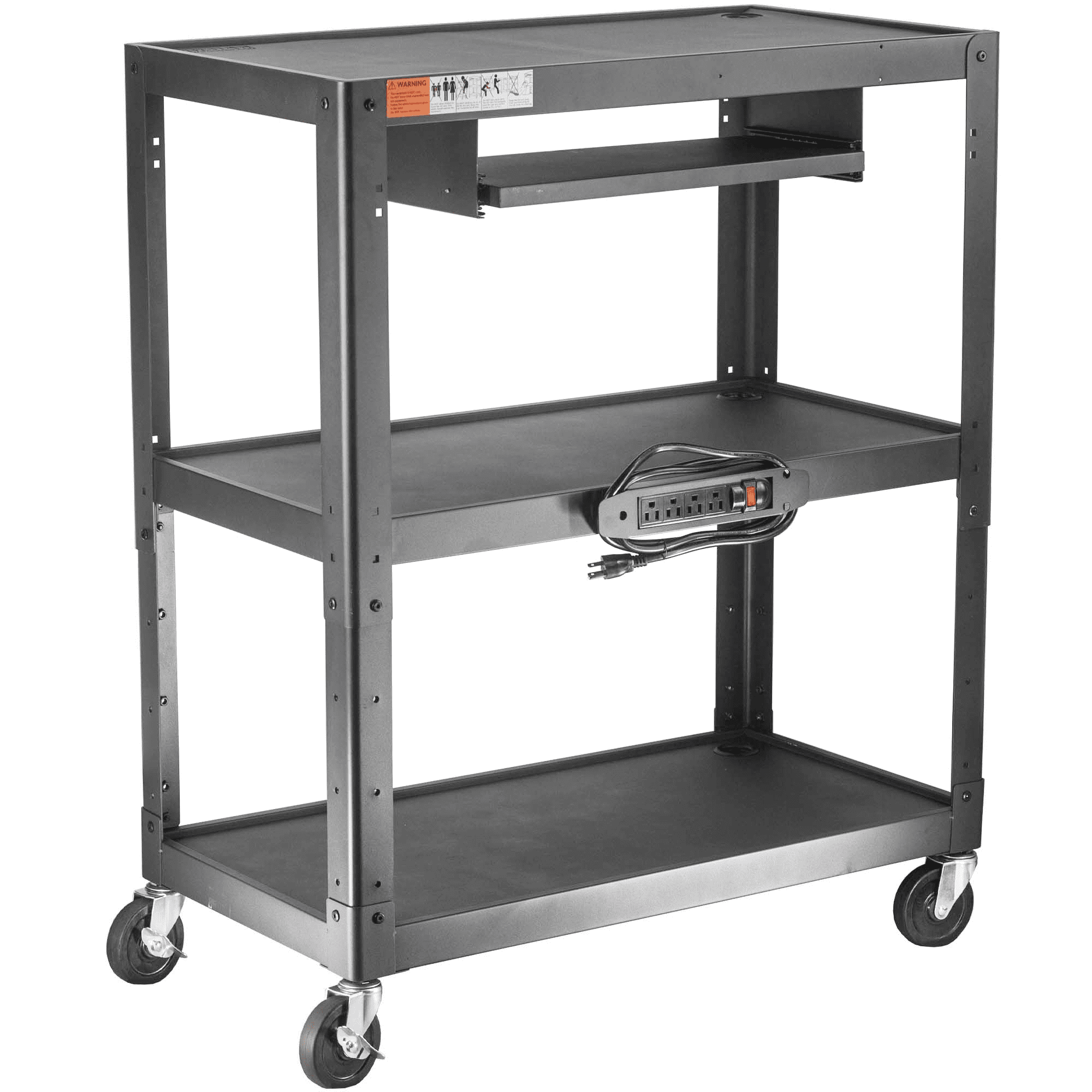 Black Adjustable Steel AV Cart with Keyboard Tray and Wheels