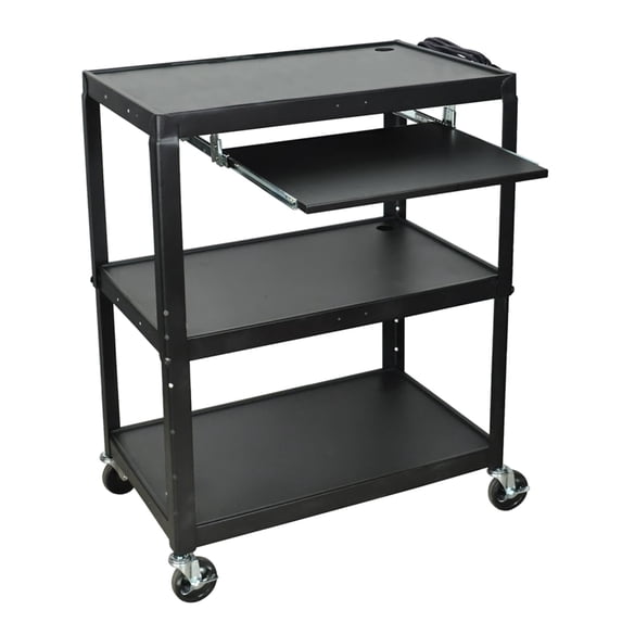 Luxor AVJ42XLKB Extra-Large Steel AV Cart with Adjustable-Height, Pullout Keyboard Tray, 3 Shelves, 24" to 42" Height, Black