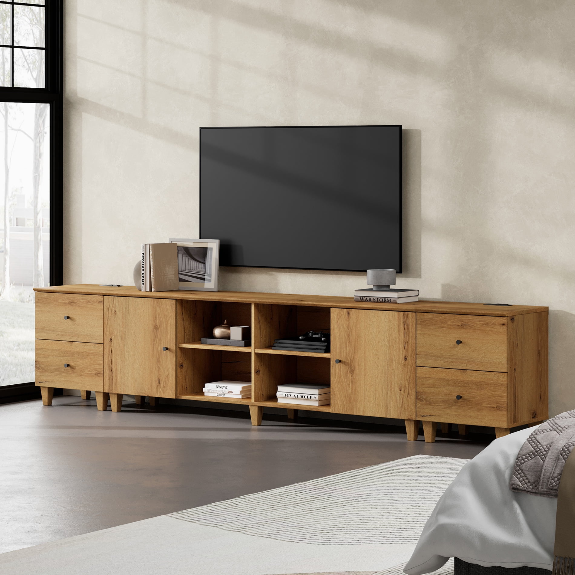 Extra Wide TV Stand with Charging Station, 106" Wide Modern Wood Media Console with Shelves and Drawers for 110+ inch TVs, Modular Design, Dark Brown