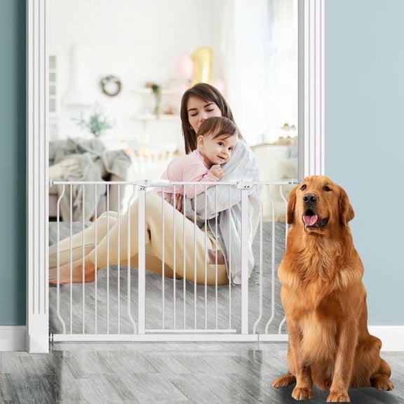 Extra Wide and Tall Baby Gate with Auto-Close and Hold-Open Features, Easy Walk Thru Indoor Safety Gate with 4 Pack of Pressure Mount Kit, Pet Gates with Extension Kit, 57.5"-62.2" Dog Gates