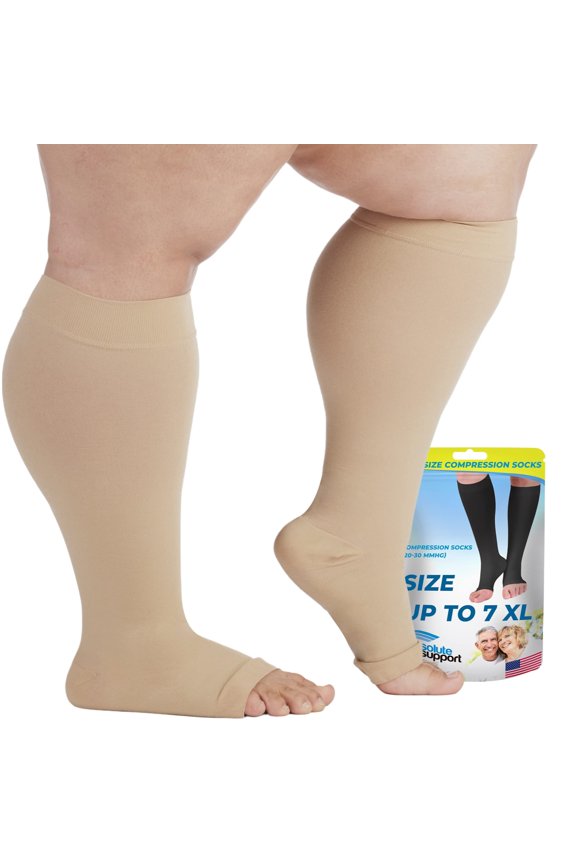 Extra Wide Unisex Compression Socks with Open Toe 20-30mmHg - Beige, 4XL