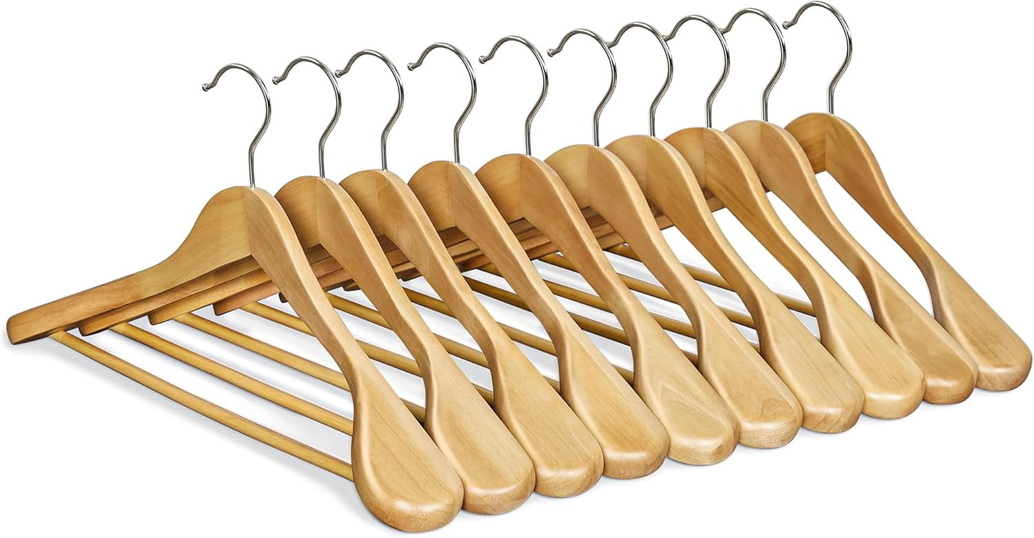 Extra Wide Wooden Suit Hangers, Set of 10 Clothes Hangers, Swivel Hooks, Non-Slip Bars, for Outfits, Suits, Coats, Shirts, Dresses