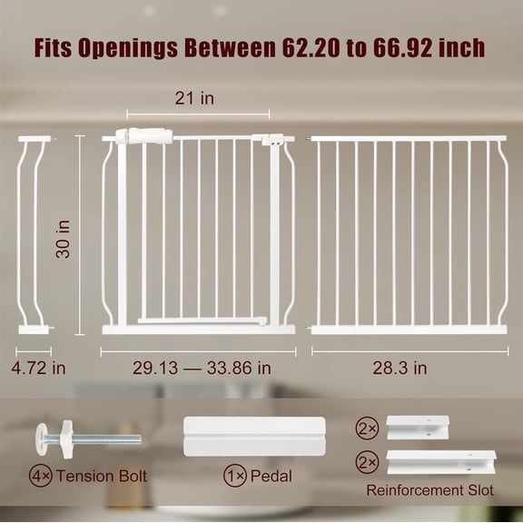 Extra Wide pet Gate 57.5"-66.9", Pressure-Mounted with Walk-Through Door –Pet Safety Gate for Doorways and Stairs, No Drilling, White