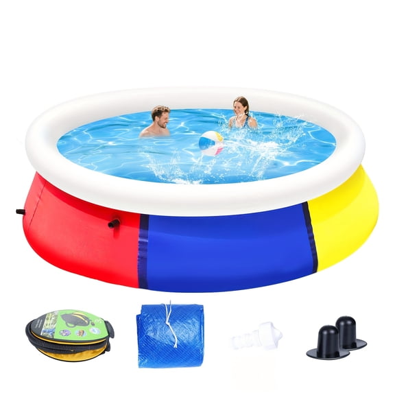 Extra large 96-inch inflatable pool made of thickened PVC. Quick setup and foldable for easy storage. Includes a large cover and foot pump. Perfect for backyard, beach, or camping fun.