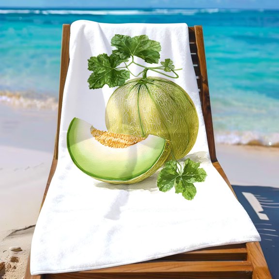 Extra large beach towels, Fresh green melon, Leaves on white base color, Indoor/Outdoor beach towels, Holiday gifts beach towels, Birthday gifts beach towels