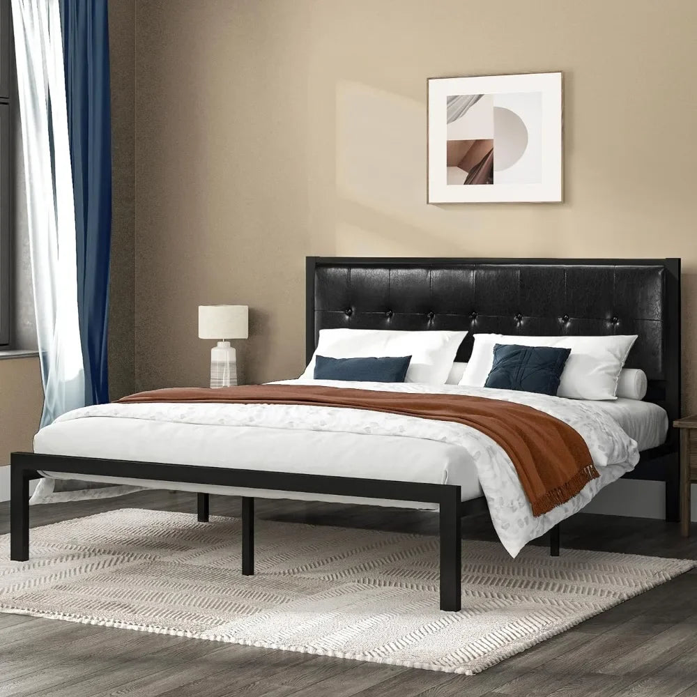 Extra large bed frame with faux leather headboard, platform bed