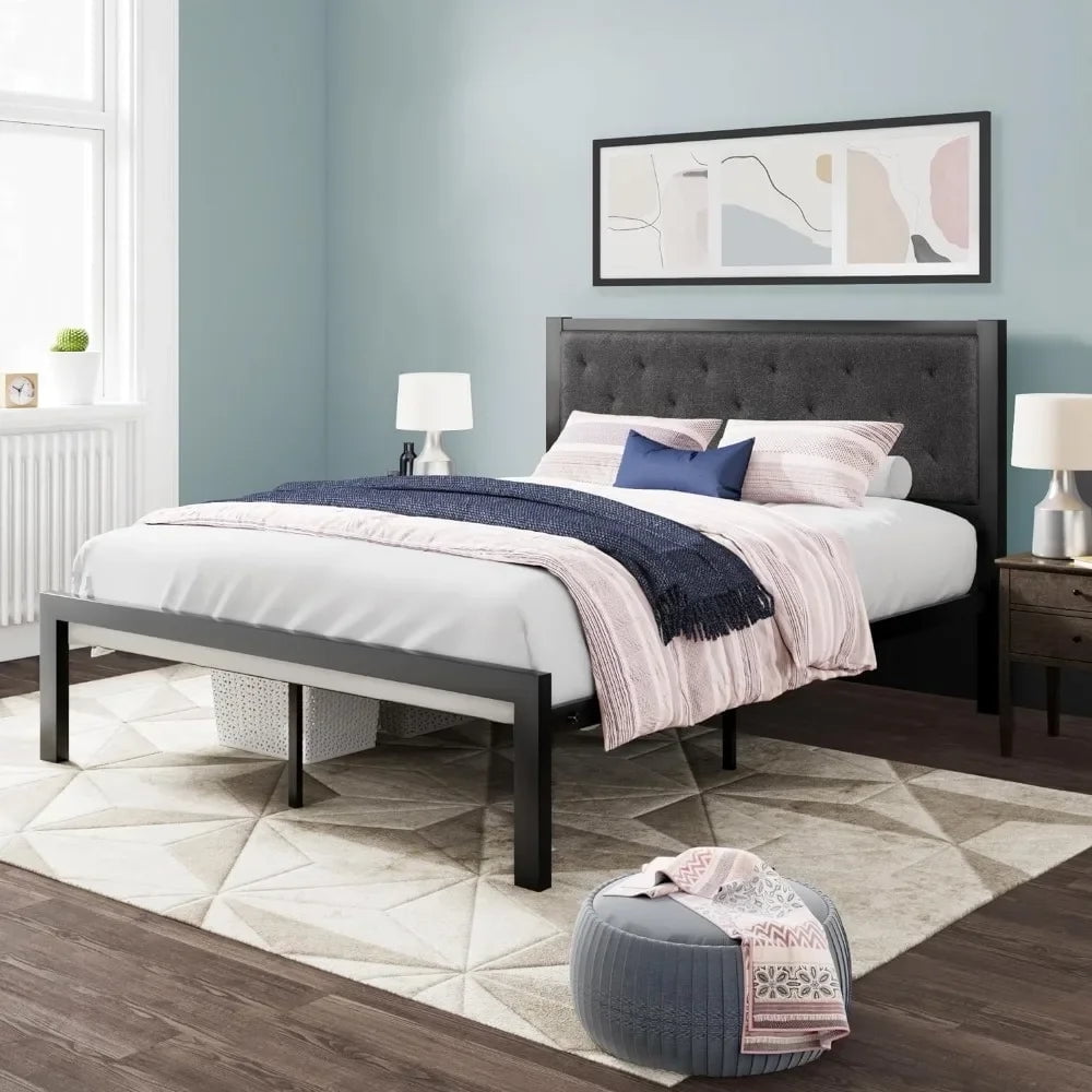 Extra large bed frame with faux leather headboard, platform bed frame