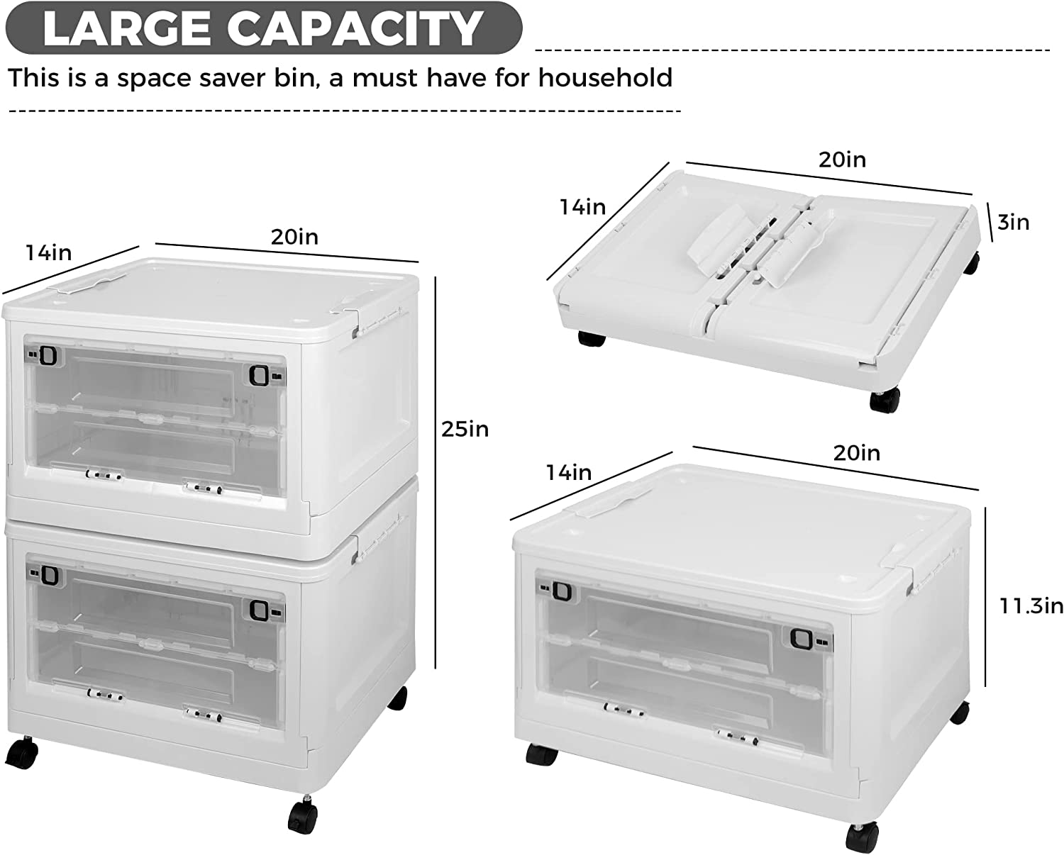 Extra large bins with Lids, Folding Storage Box, Stackable Storage Bins , Storage Bins with
