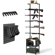 Extra-large freestanding gun rack, holds 5 rifles; features an 82.7-inch steel structure, side panels with pegboards, magazine racks, and anti-scratch padding; black.