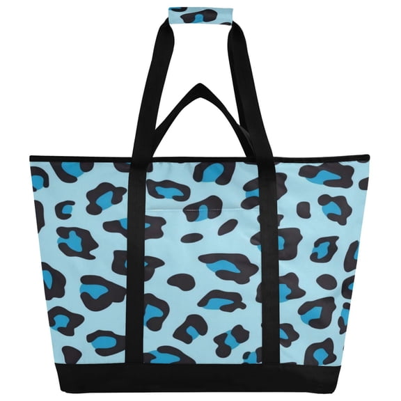 Extra-large wide opening design capacity hand-held ice pack, thickened insulation layer for long-lasting cold retention for outdoor shopping, picnics and camping. Blue Leopard Print