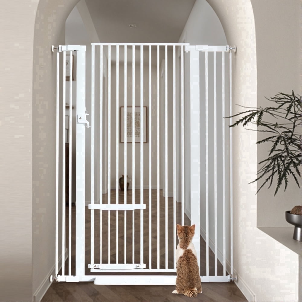 Pet Gate with Cat Door,Domipet 55.1 inch Extra Tall Dog Gate,29.5''-40.6''Wide Gate Pressure Mounted Full Door Pet Gate for Doorway Stairs,White