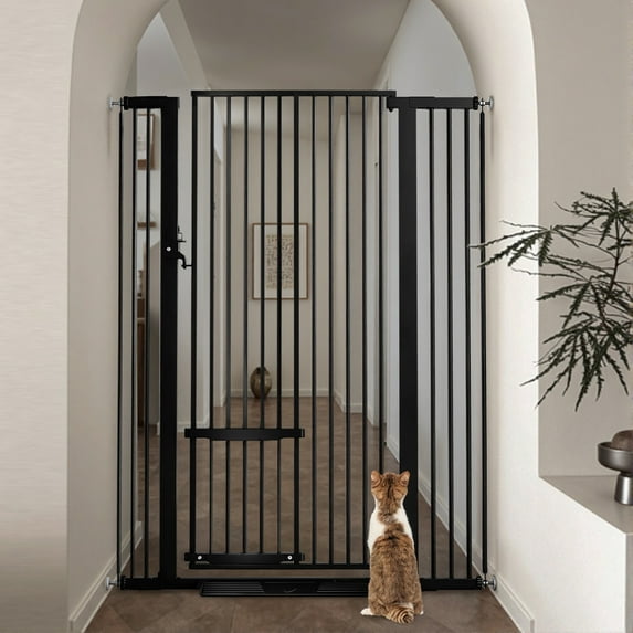 Pet Gate,Caveen 55.1 inch Extra Tall Dog Gate,29.5''-40.6''Wide with Cat Door,Pet Gate for Doorway Stairs,Black