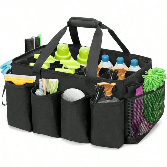 ExtraLarge Cleaning Caddy Organizer With Handles For Cleaning Tools Products Storage Large Capacity Tote Bag For Car Home Housekeeping Work Black