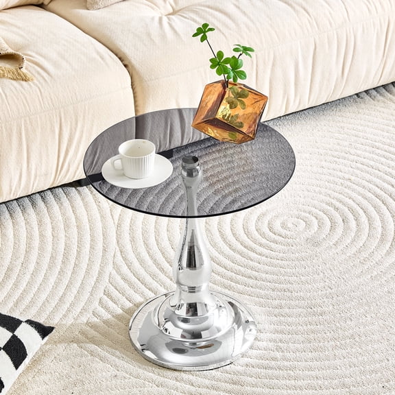 ExtraLco 19.6 Inch Round Side Table with Tempered Glass Top, Modern Silver Metal End Table for Living Room Bedroom Balcony, Small Accent Coffee Table for Sofa Side and Nightstand Use