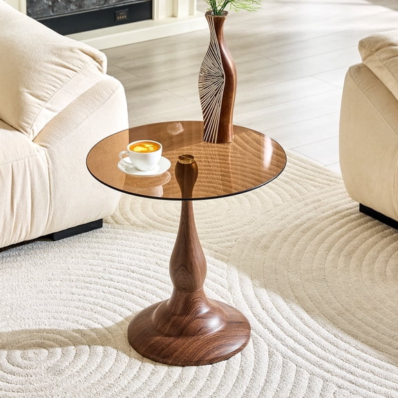 ExtraLco 19.6 Inch Round Side Table with Tempered Glass Top, Modern Walnut Metal End Table for Living Room, Bedroom, Balcony, Small Accent Coffee Table for Sofa Side and Bedside
