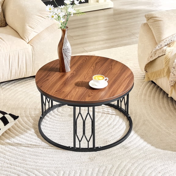 ExtraLco 27.5 Inch Round Coffee Table for Living Room, Mid Century Modern Wood Grain Center Table with Black Metal Frame, Small Accent Table for Apartment, Walnut