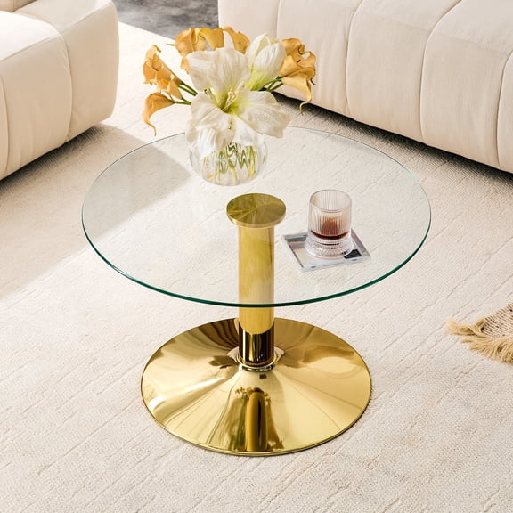ExtraLco 27.5 Inch Round Glass Coffee Table, Tempered Clear Top Gold Metal Base Center Table for Living Room Apartment