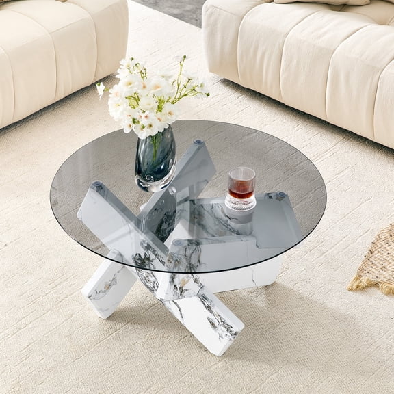 ExtraLco 33.4 Inch Round Glass Coffee Table with Smoked Gray Tempered Glass Top, White Marble-Patterned Cross Base, Modern Center Table for Living Room, Office and Bedroom