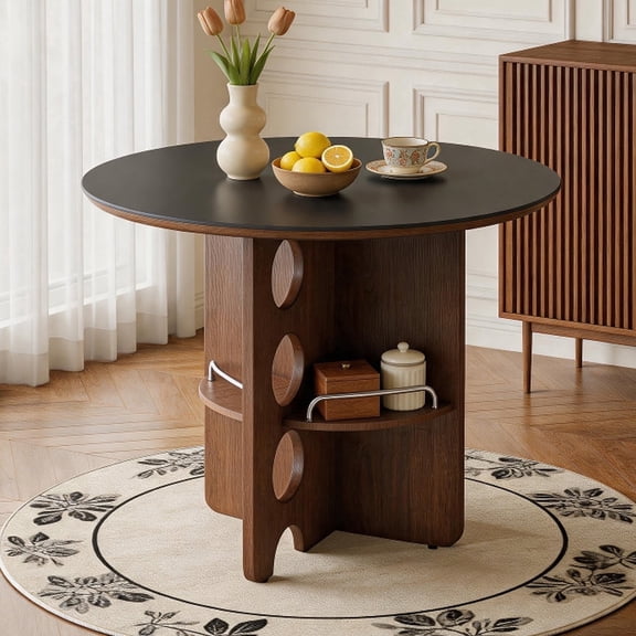 ExtraLco 35.4" Round Dining Table, Black Granite Top Kitchen Table with Walnut Base and Storage Shelf for 2 to 4 People Small Space Apartment