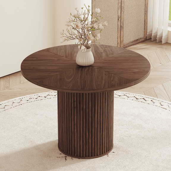 ExtraLco 42 Inch Round Dining Table, Walnut Finish Density Board Kitchen Table with Storage Pedestal Base for Dining Room, Living Room and Office