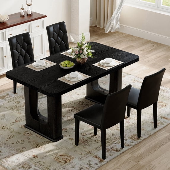 ExtraLco 5 Piece Dining Table Set for 4, Black Wood Grain Table with 4 Black PU Chairs