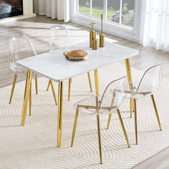 ExtraLco 5 Piece Dining Table Set for 4, White Faux Marble Table with 4 Clear Chairs and Gold Legs