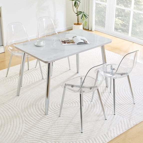 ExtraLco 5 Piece Dining Table Set for 4, White Faux Marble Table with 4 Clear Chairs and Silver Legs