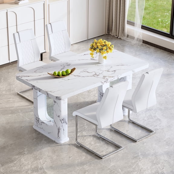 ExtraLco 5 Piece Dining Table Set for 4, White Marble Look Table with 4 Upholstered Chairs