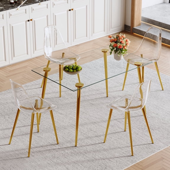 ExtraLco 5 Piece Glass Dining Table Set for 4, 51 Inch Tempered Glass Table with Gold Legs and Clear Plastic Chairs